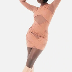 Grayscale XS Brown Bandage Mesh Mini Dress‎ Long Sleeve Party Cocktail